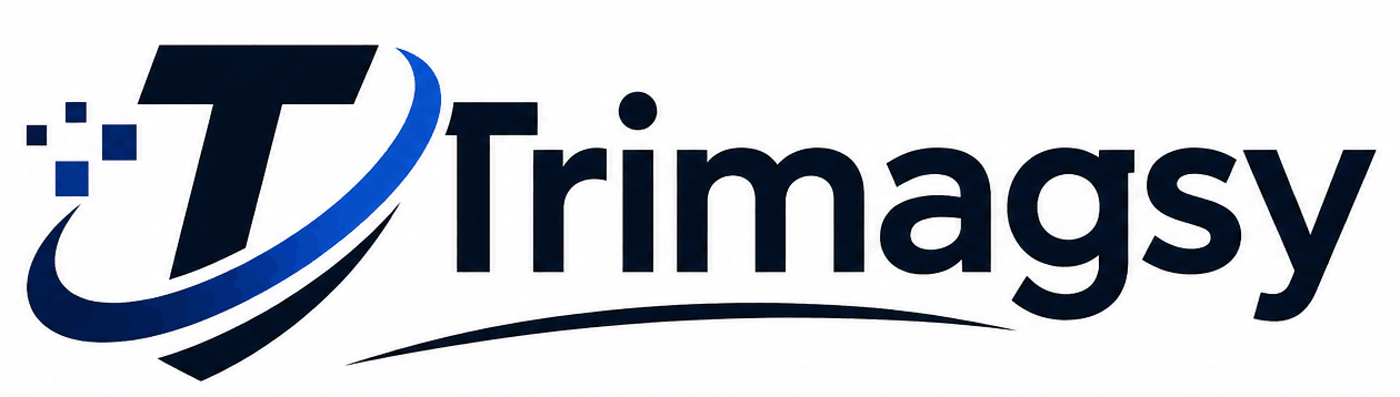 Modern dark-themed Trimagsy logo featuring a bold capital &ldquo;T&rdquo; with blue swoosh accents and clean minimalist typography on a white background, representing technology and digital innovation.